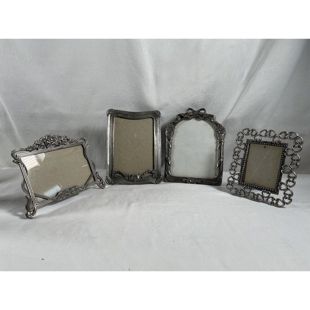 4 Vintage Pewter? Rose Floral Heart Metal Photo Frames #11 READ